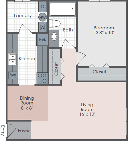 A floor plan of a small apartment with a bedroom, living room, dining room, kitchen, and laundry area.